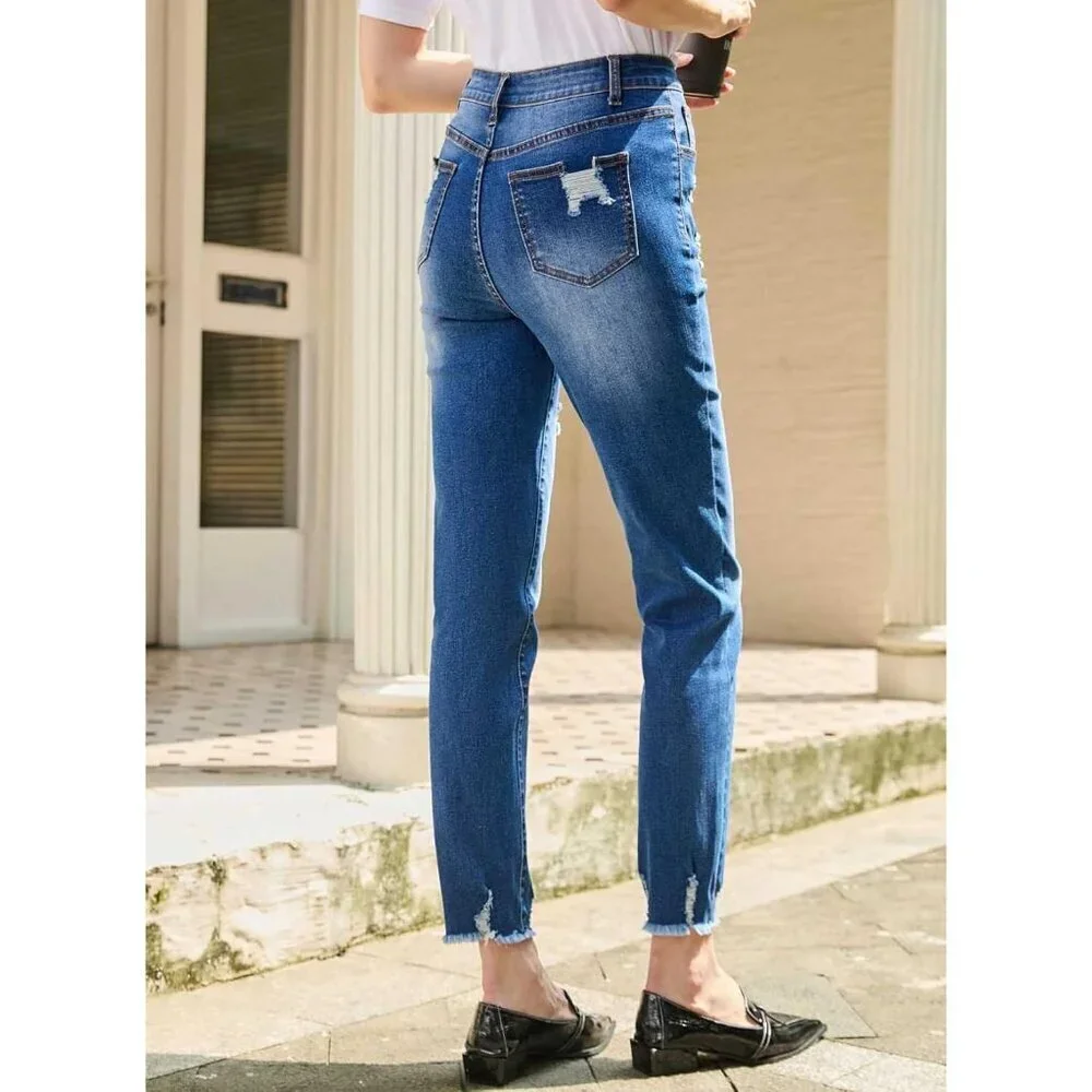Women's High Waisted Ripped Stretch Jeans Ankle Straight Casual